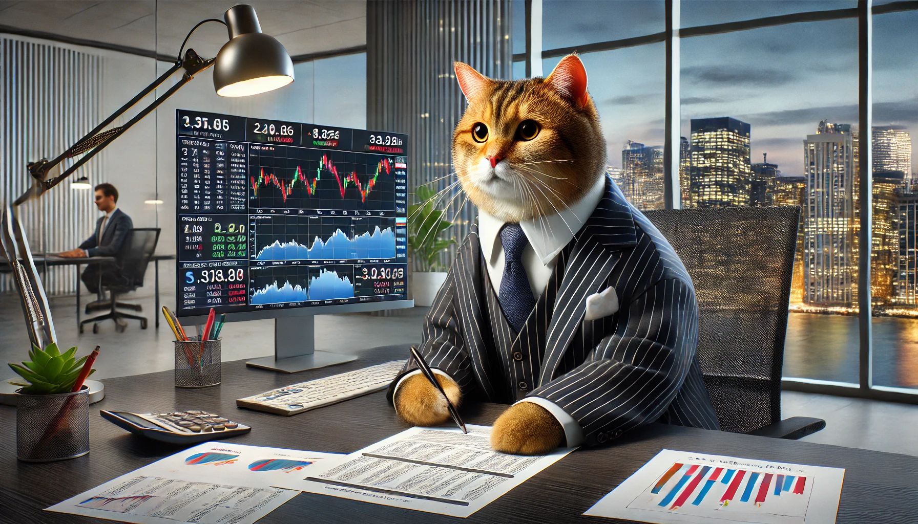 Dall&centerdot;e 2024 11 26 09 14 51 A Realistic Cgi Image Of A Cat Dressed As A Stock Broker The Cat Is Wearing A Tailored Business Suit With A Tie, Sitting At A Modern Desk Surrounded