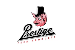 Prestige Feed Products logo with fancy pig mascot in top hat
