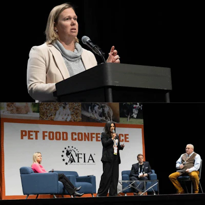(Top) FDA’s Jenny Murphy provided a timely update on key regulatory issues impacting the pet food sector. (Bottom) A panel explored how artificial intelligence is shaping everything from recipe design to kibble production.