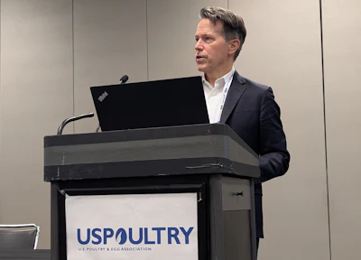 Christian Richter discusses political issues that affect the poultry industry during a presentation at the International Production & Processing Expo.