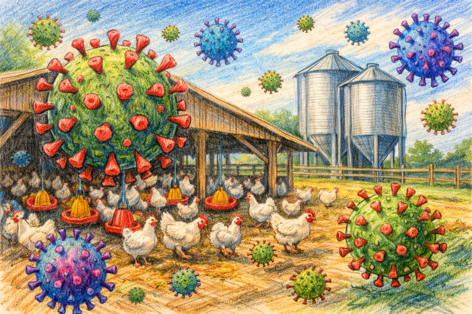 Colored Pencil Sketch Of Virus Particles Floating Around A Poultry Farm