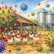 Colored Pencil Sketch Of Virus Particles Floating Around A Poultry Farm