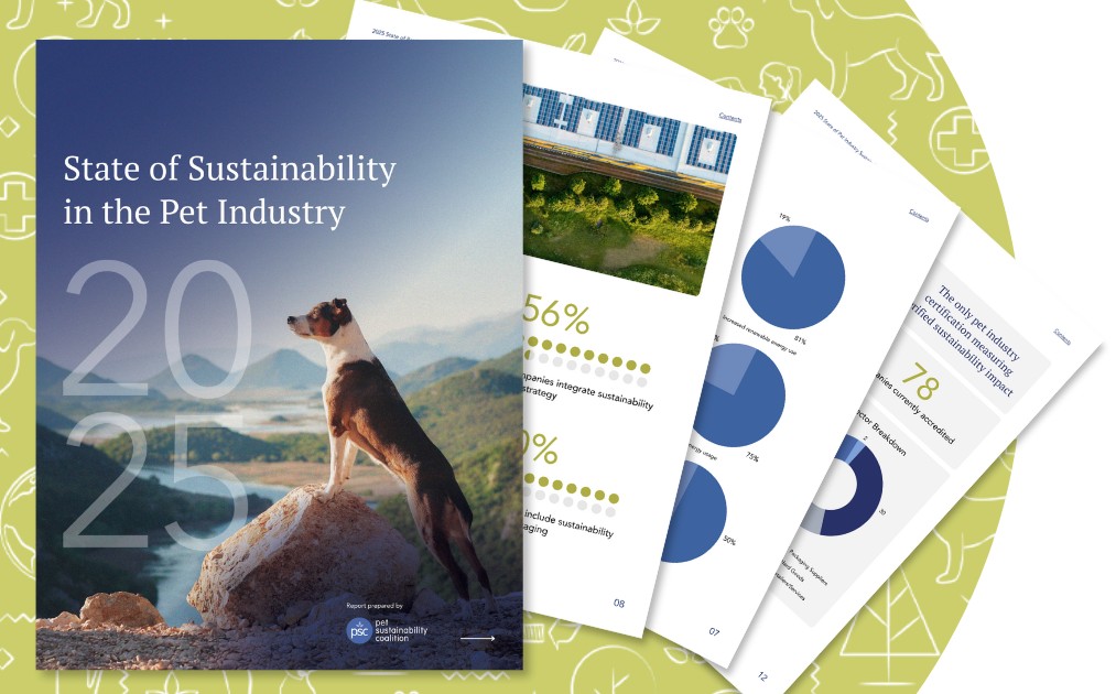 State of Sustainability in Pet Industry report cover with dog on rocky mountain landscape