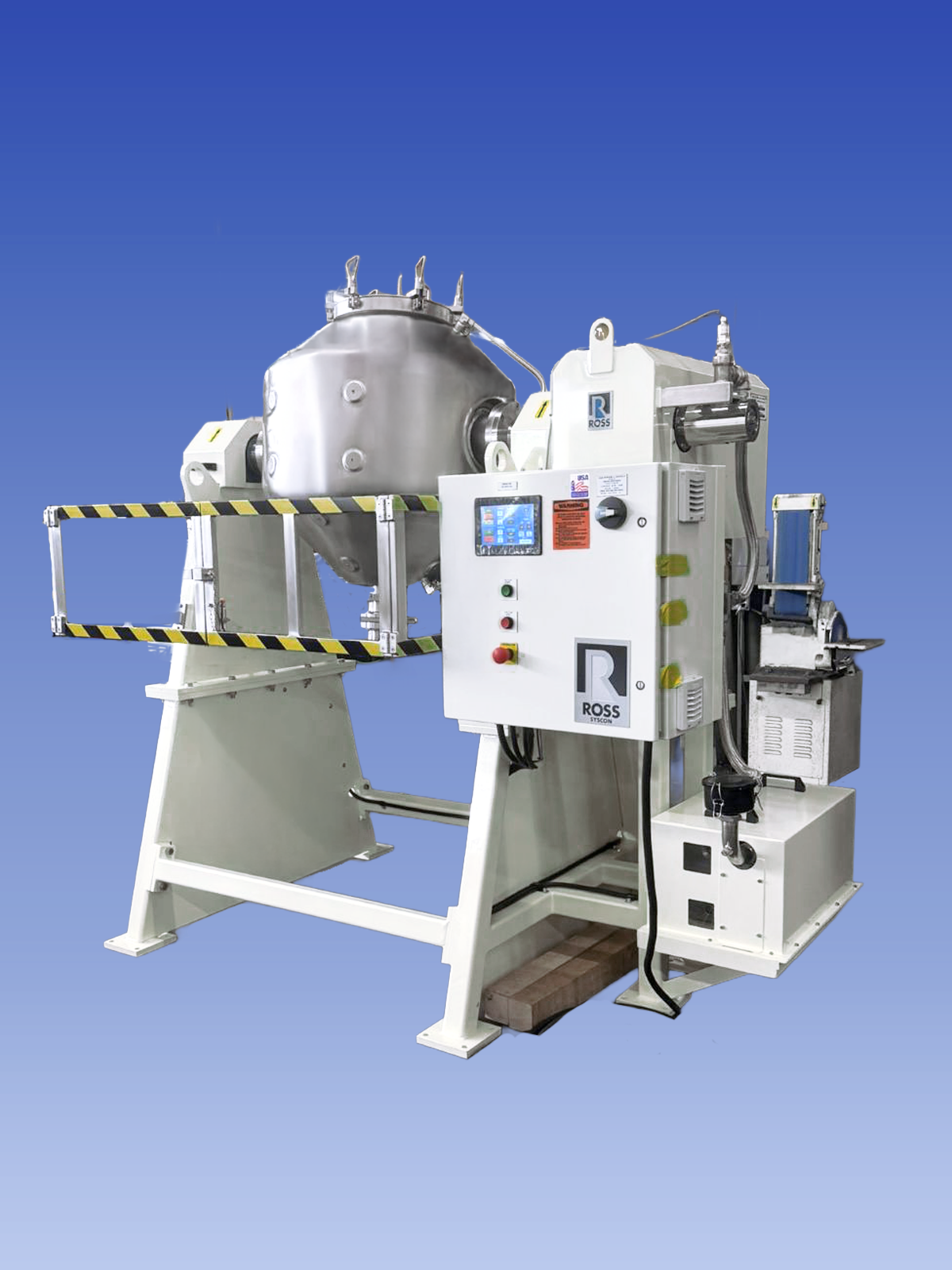 Large industrial mixing machine with control panel and safety railings
