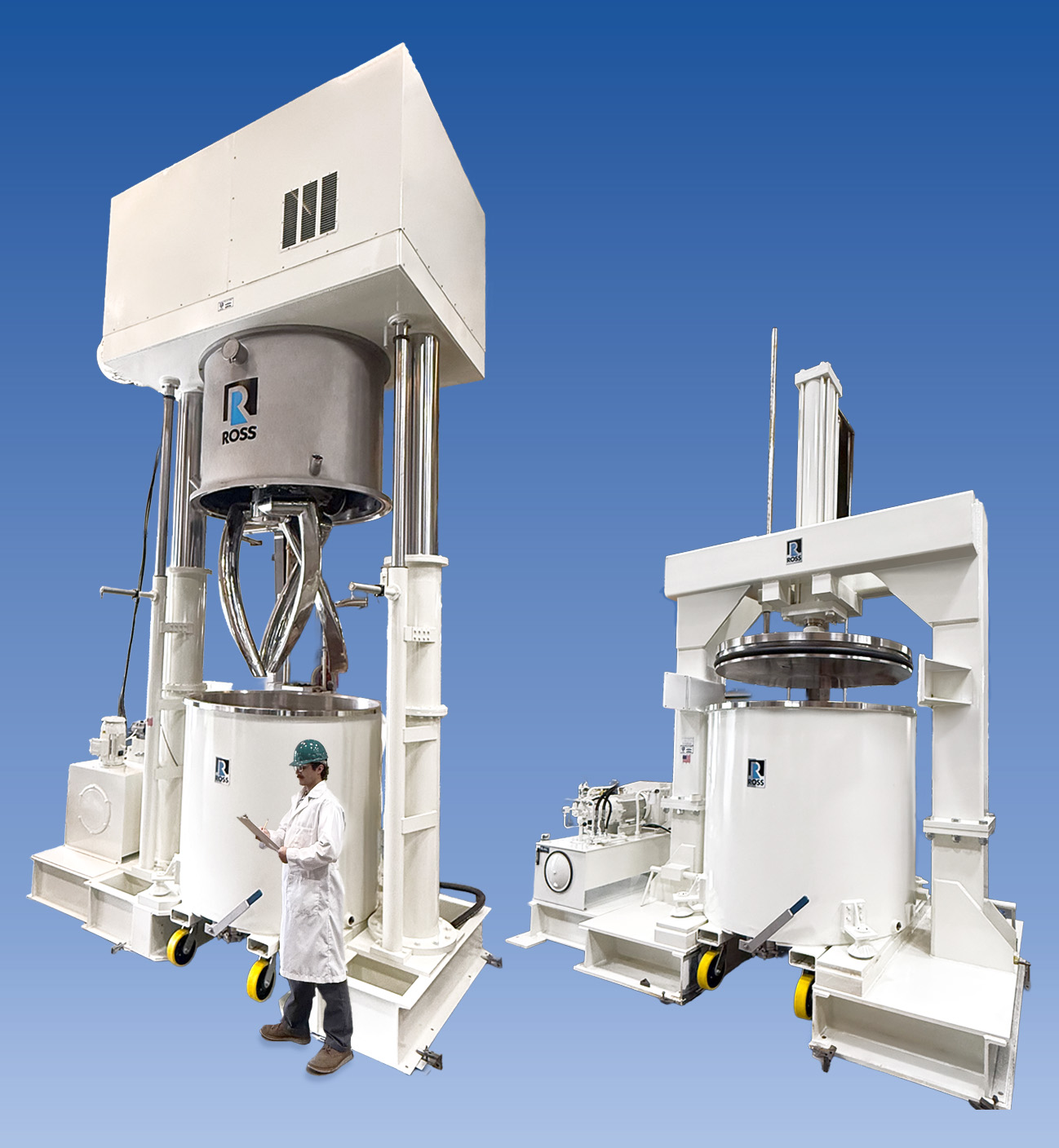 Large industrial mixing equipment with white Ross machinery and worker in safety gear