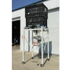 Industrial equipment stand with black plastic crate mounted on mobile white metal frame