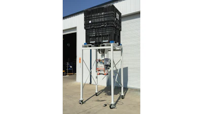 Industrial equipment stand with black plastic crate mounted on mobile white metal frame