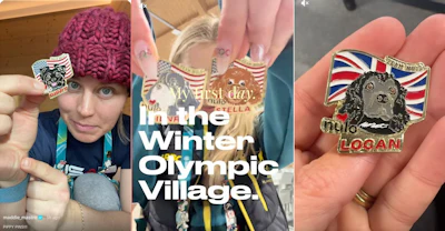 Winter Olympics commemorative pin with Union Jack flag and dog silhouette