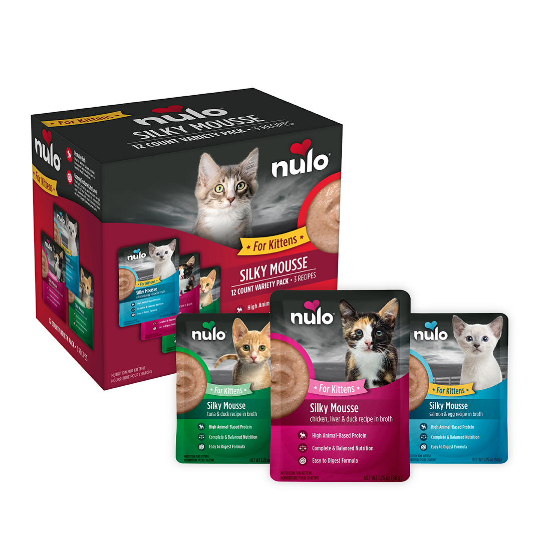 Nulo Silky Mousse kitten food variety pack with three flavored pouches and product box