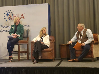 From left: IFEEDER Executive Director Lara Moody (moderator), Sylvia Sonneveld of DSM-Firmenich and Eric Altom of Balchem.