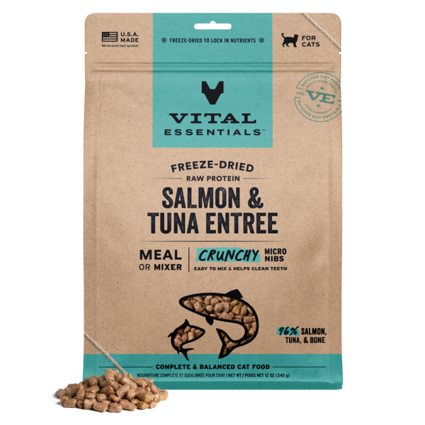 Vital Essentials freeze-dried salmon and tuna cat food package with crunchy micro nibs