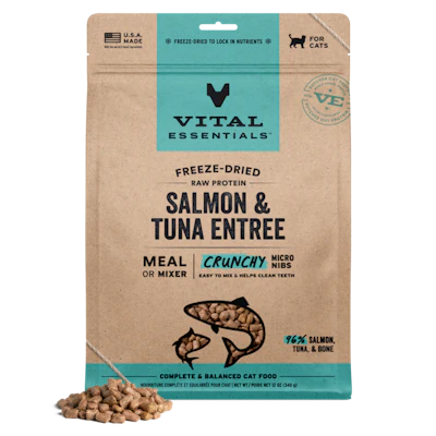 Vital Essentials freeze-dried salmon and tuna cat food package with crunchy micro nibs