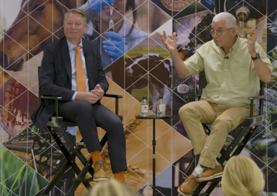 Jayson Lusk, left, dean of the Ferguson College of Agriculture at Oklahoma State University, hosted former Tyson Foods President and CEO Donnie Smith during an April 27 Dean's Dialogue.