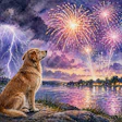 Mellow Water Color Of A Dog Sitting Calmly While Fireworks Explode Overhead During A Lightning Storm