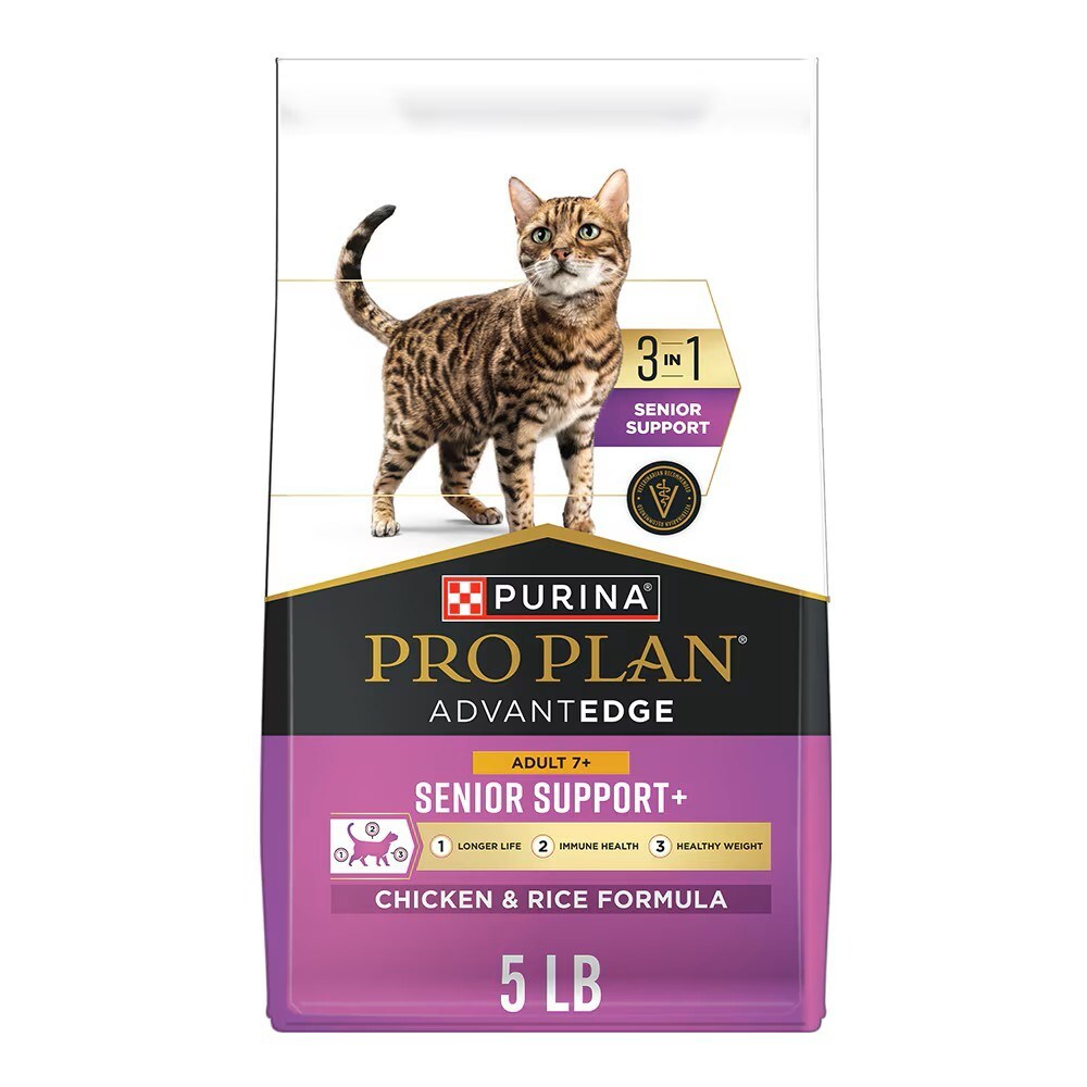 Purina Pro Plan Advanced Edge Senior Support+ cat food bag with tabby cat, 5 lb chicken and rice formula