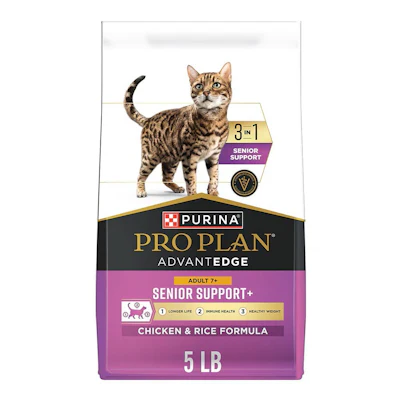 Purina Pro Plan Advanced Edge Senior Support+ cat food bag with tabby cat, 5 lb chicken and rice formula
