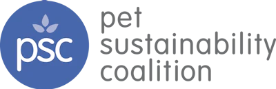 Pet Sustainability Coalition logo with blue circle containing white leaf symbol and gray text