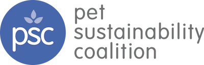 Pet Sustainability Coalition logo with blue circle containing white leaf symbol and gray text