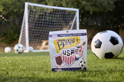 Purina Beggin' USA Soccer dog treat package on grass with soccer balls and goal in background
