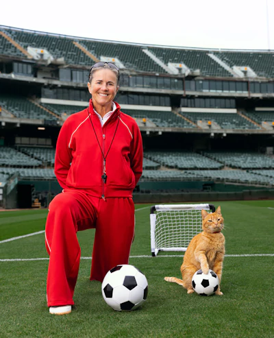 Woman in red tracksuit posing with orange cat on soccer field stadium