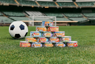 Soccer ball and pyramid stack of Friskies pet food cans on stadium grass field