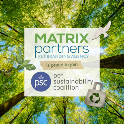 Matrix Partners Pet Branding Agency joins Pet Sustainability Coalition announcement with forest canopy background and eco-friendly design elements