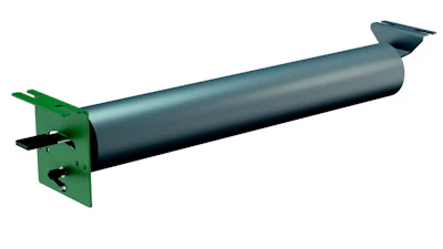 Industrial conveyor roller with green mounting bracket and discharge chute