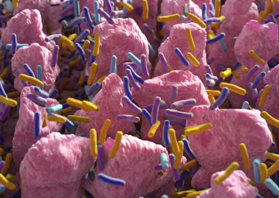 Microscopic view of pink cells with colorful rod-shaped bacteria or cellular structures in blue, purple, and yellow