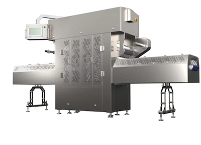 Industrial food processing machine with stainless steel construction, conveyor belts, and digital control panel