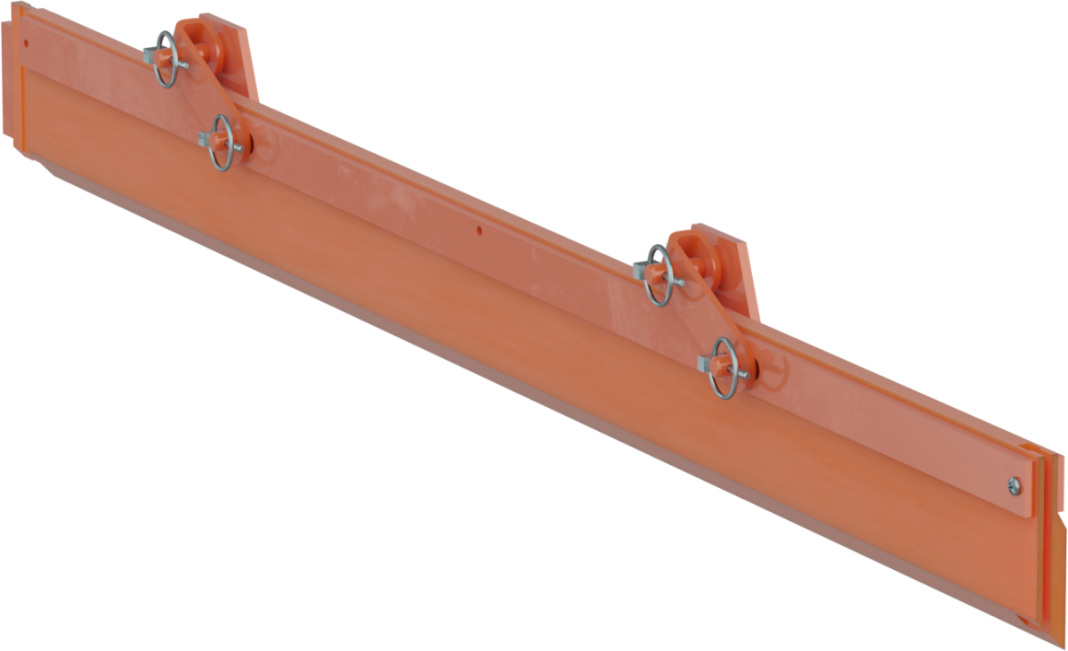 Terracotta-colored steel spreader beam with four metal shackle attachment points for lifting operations