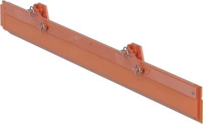 Terracotta-colored steel spreader beam with four metal shackle attachment points for lifting operations