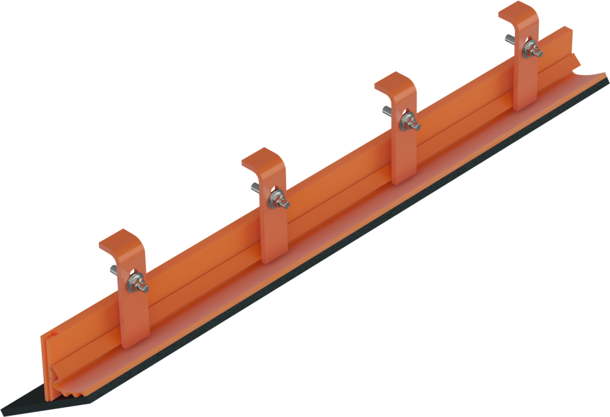 Orange snow plow blade with mounting brackets and black rubber edge