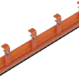 Orange snow plow blade with mounting brackets and black rubber edge
