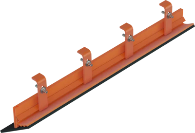 Orange snow plow blade with mounting brackets and black rubber edge