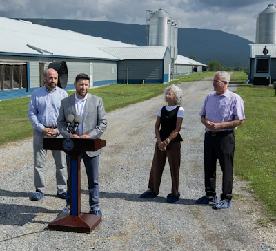 Matt Goodson, CEO of Plainville Farms, speaks during an event announcing the Wenger Group's acquisition of the company. Also speaking, and shown in the background, are Rick Siger, Pennsylvania secretary of community and economic development; Robin Fitzpatrick, president of the Adams Economic Alliance; and Russell Redding, Pennsylvania secretary of agriculture.