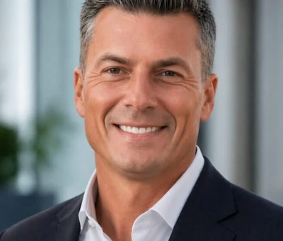 Professional headshot of smiling man in dark blazer and white shirt against blurred office background