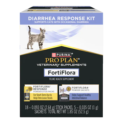 Purina Pro Plan FortiFlora diarrhea response kit for cats with 18 powder stick packs and 5 sachets