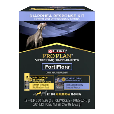 Purina Pro Plan FortiFlora Diarrhea Response Kit for medium dogs with powder stick packs and sachets
