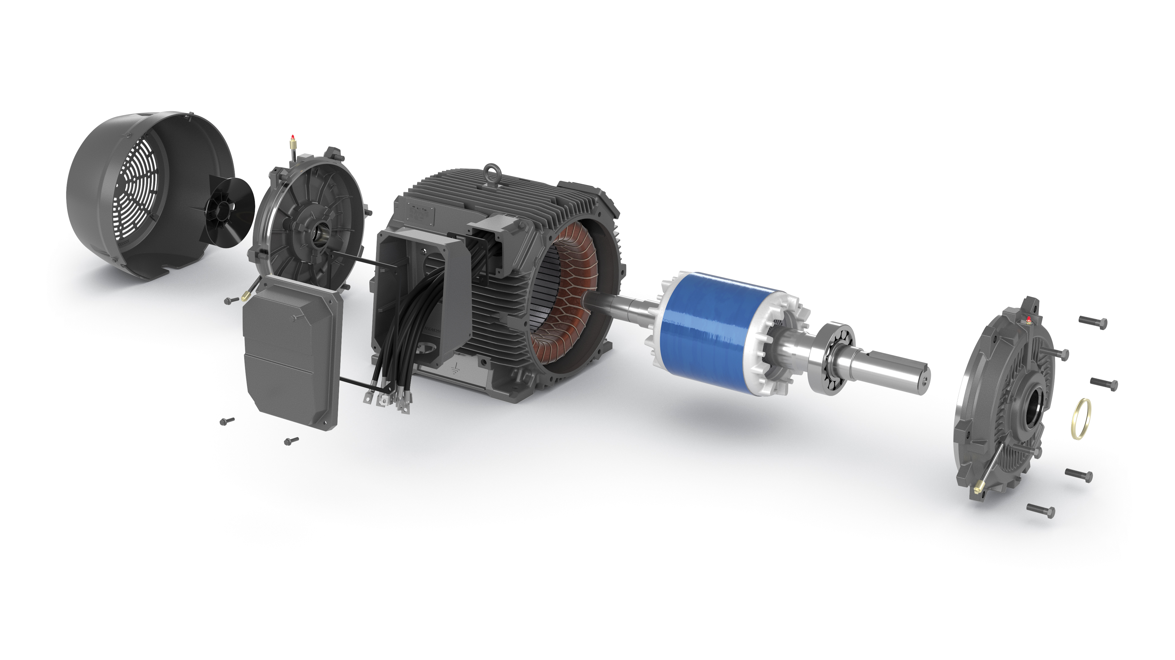 Exploded view diagram of electric motor components including fan, stator, rotor, shaft, and bearing assembly