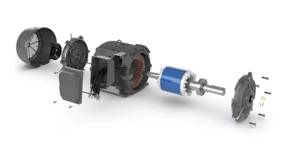 Exploded view diagram of electric motor components including fan, stator, rotor, shaft, and bearing assembly
