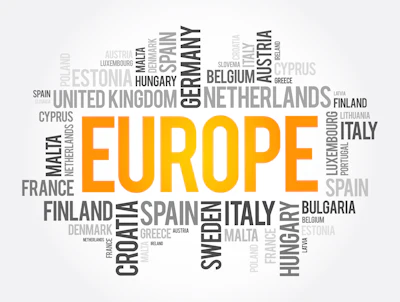 Word cloud displaying European countries with 'EUROPE' prominently featured in orange text