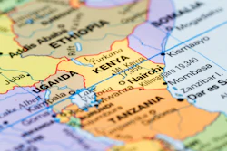 Close-up of East African map showing Kenya, Uganda, Tanzania, and Ethiopia with borders, cities, and geographic features