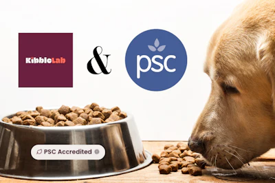 KibbleLab and PSC partnership announcement with golden retriever eating PSC accredited dog food