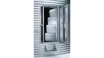 Open electrical enclosure with multiple circuit breakers mounted on corrugated metal wall