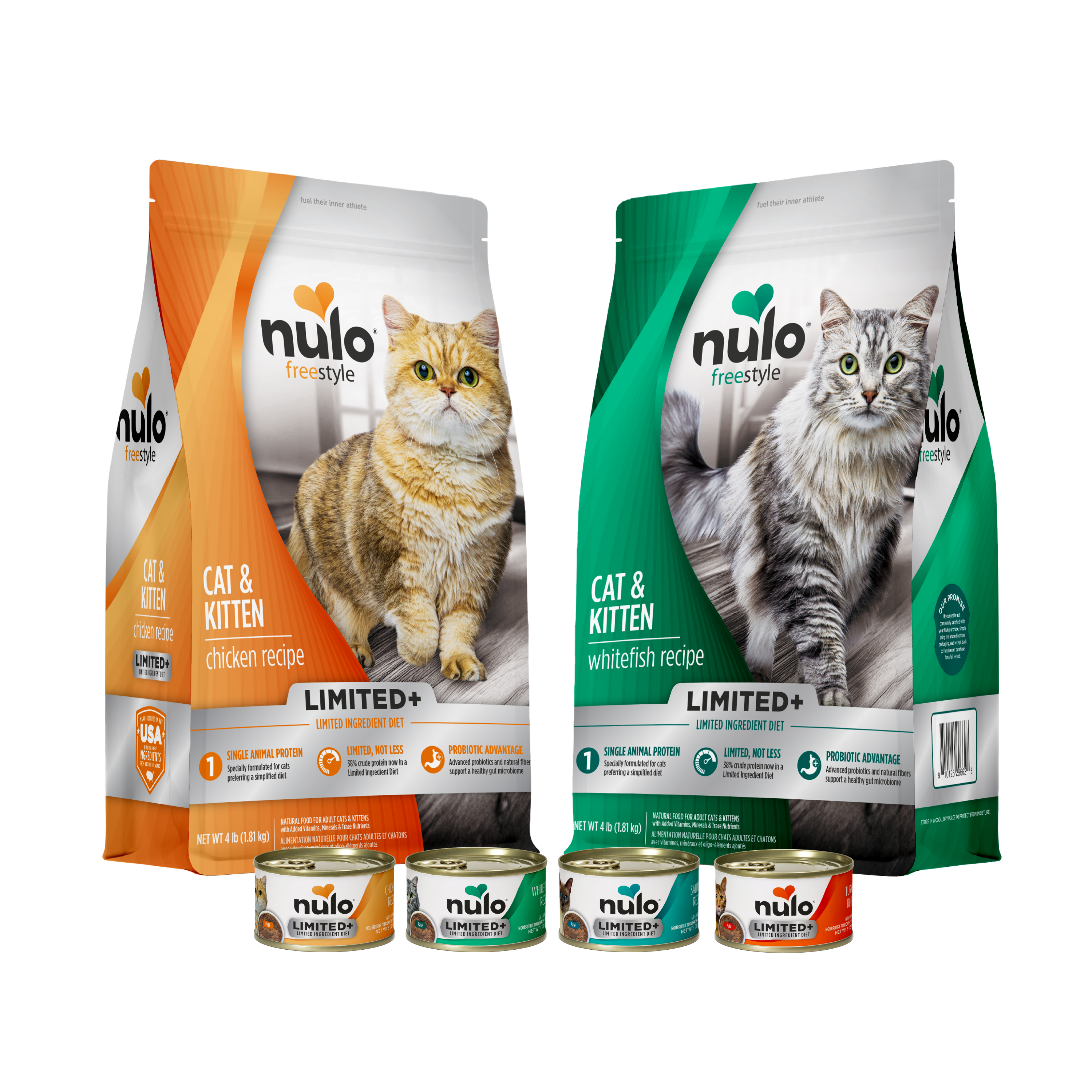 Nulo Freestyle cat and kitten dry food and wet food cans in chicken and whitefish recipes