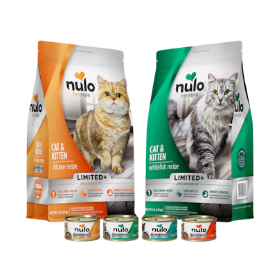 Nulo Freestyle cat and kitten dry food and wet food cans in chicken and whitefish recipes
