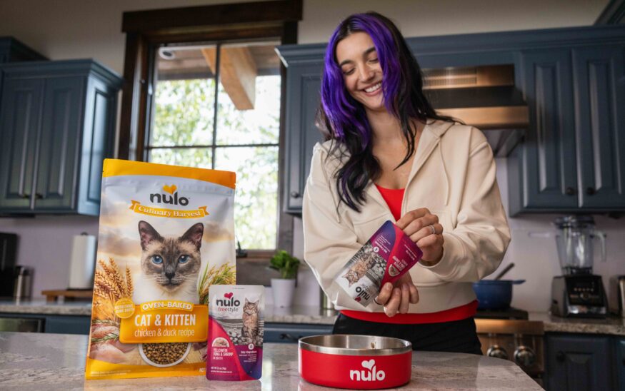 Woman with purple hair holding Nulo cat food product in modern kitchen with pet food packaging and red bowl