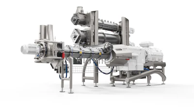Industrial twin-screw extruder processing machine with motors and control systems on white background