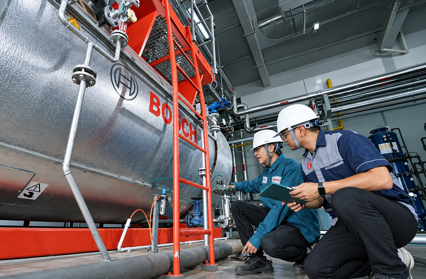 Two technicians in safety gear inspect a red and silver industrial boiler system in a factory warehouse