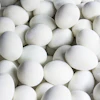 Overhead view of fresh white eggs arranged tightly together